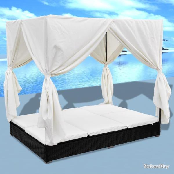 Chaise longue d'ext�rieur avec rideaux R�sine tress�e Noir