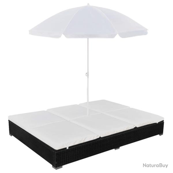 Chaise longue d'ext�rieur avec parasol R�sine tress�e Noir
