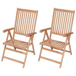 Fauteuils pliants inclinables, 2 pi&egrave;ces, en teck massif pour la terrasse