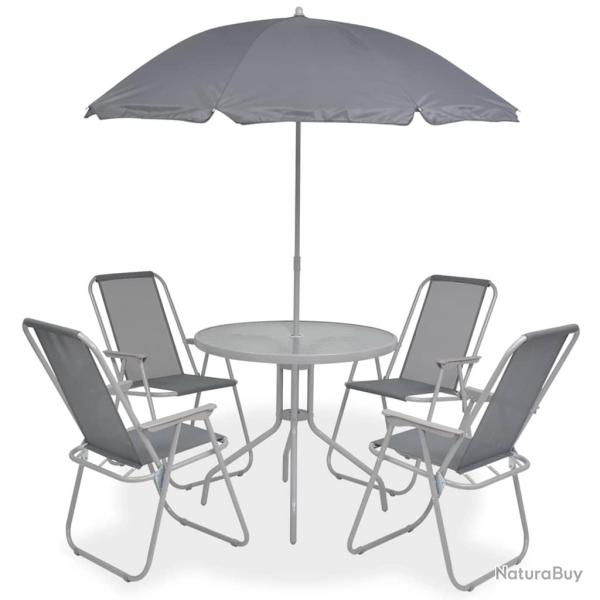 Ensemble repas d'ext�rieur, 6 pi�ces, acier et textil�ne gris, pour le jardin