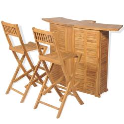 Mobilier de bistro en bois de teck massif, 3 pi&egrave;ces, avec chaises pliables, pour la salle &agrave; manger