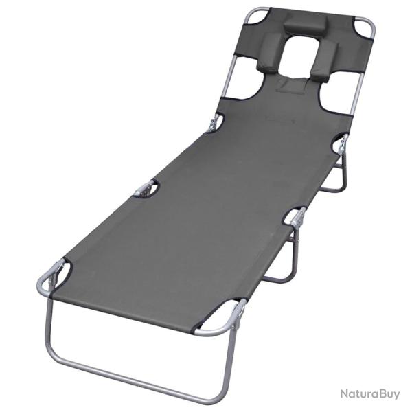 Chaise longue pliable et coussin de t�te Dossier r�glable Gris