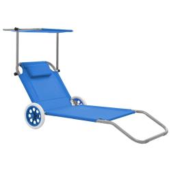 Chaise longue pliable avec auvent et roues Acier Bleu