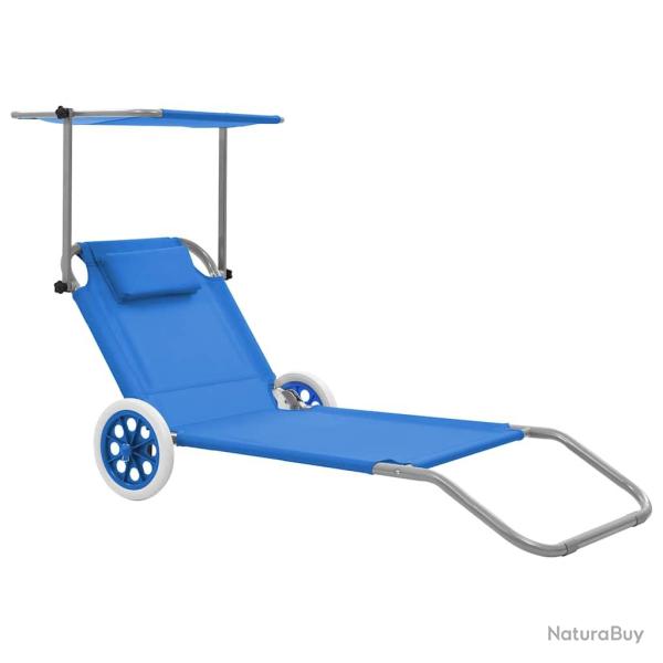 Chaise longue pliable avec auvent et roues Acier Bleu