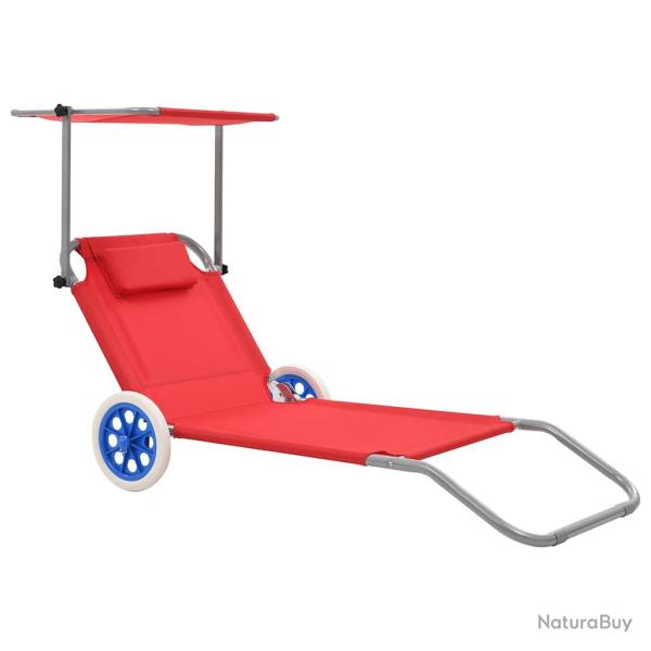 Chaise longue pliable avec auvent et roues Acier Rouge