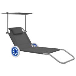 Chaise longue pliable avec auvent et roues Acier Gris