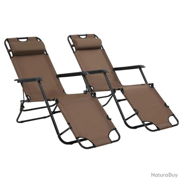 Chaises longues pliables 2 pcs avec repose-pied Acier Marron