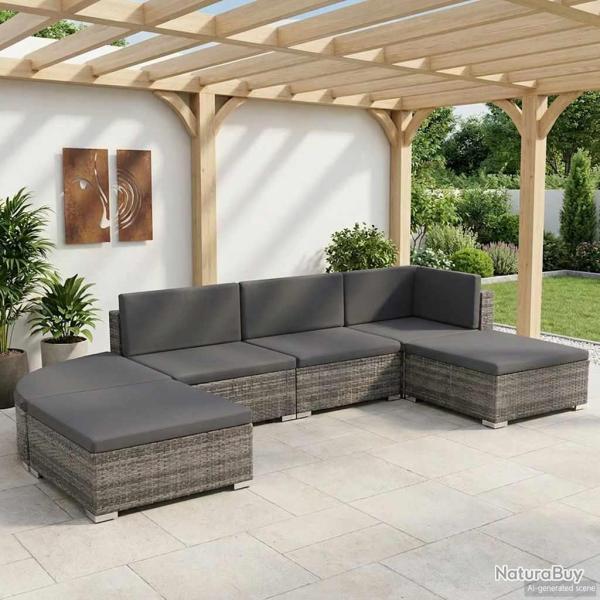 Salon de 6 pi�ces avec coussins en r�sine tress�e grise