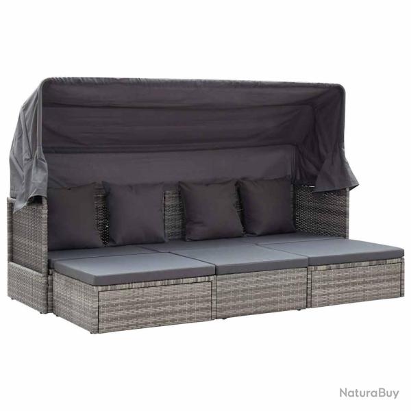 Lit avec toit, gris m�lang�, en r�sine tress�e, pour la terrasse