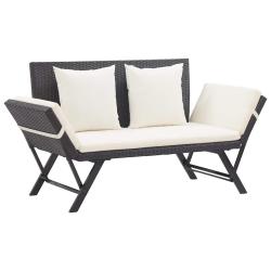 Banc avec coussins, r&eacute;sine tress&eacute;e noire, pour le jardin, 176 cm