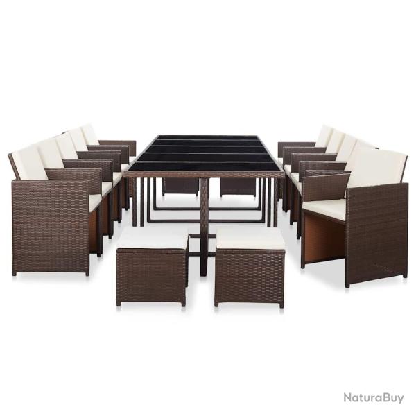 Ensemble � manger d'ext�rieur, 15 pi�ces, avec coussins, en rotin marron, pour le jardin