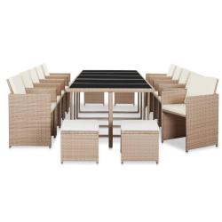 Ensemble &agrave; manger d'ext&eacute;rieur avec coussins 15 pcs Rotin Beige