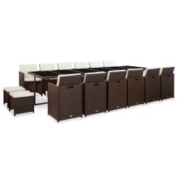 Ensemble &agrave; manger d'ext&eacute;rieur avec coussins 17 pcs rotin Marron