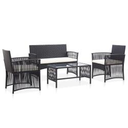 Salon de 4 pcs avec coussin R&eacute;sine tress&eacute;e Noir