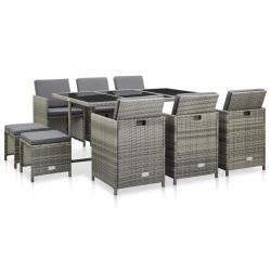 Ensemble &agrave; manger d'ext&eacute;rieur, 11 pi&egrave;ces, avec coussins, en poly rotin, gris