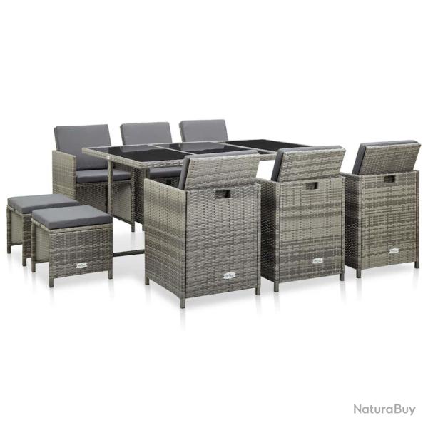 Ensemble � manger d'ext�rieur, 11 pi�ces, avec coussins, en poly rotin, gris