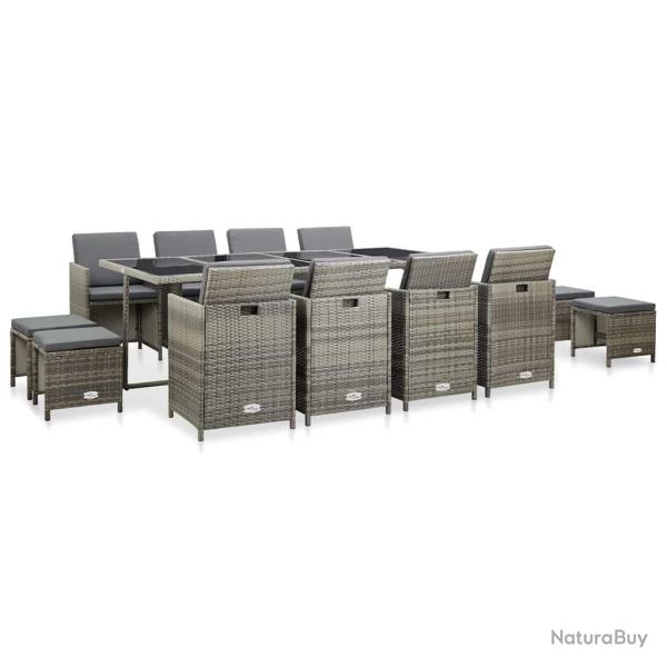 Ensemble � manger d'ext�rieur, 13 pi�ces, avec coussins, en poly rotin gris, pour le jardin