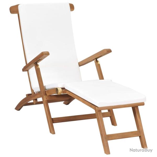 Chaise longue avec coussin Blanc cr�me Bois de teck solide