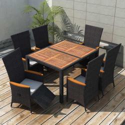 Ensemble &agrave; manger d'ext&eacute;rieur, 7 pi&egrave;ces, en r&eacute;sine tress&eacute;e et acacia noir, pour le jardin