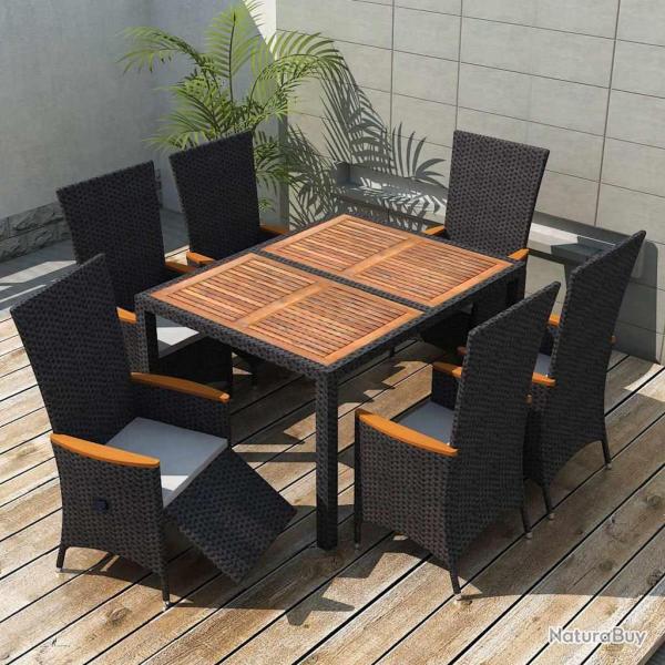 Ensemble � manger d'ext�rieur, 7 pi�ces, en r�sine tress�e et acacia noir, pour le jardin