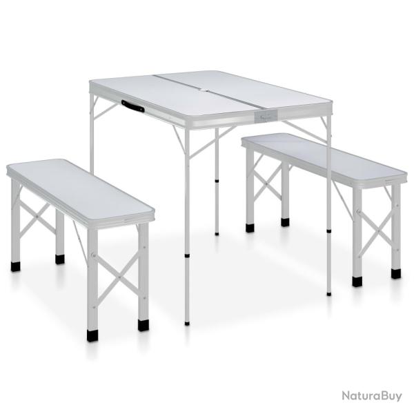 Table de camping pliable avec 2 bancs Aluminium Blanc