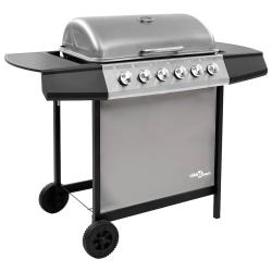 Barbecue gril &agrave; gaz avec 6 br&ucirc;leurs Noir et argent&eacute;