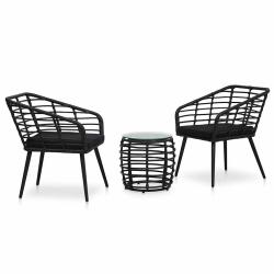 Ensemble de bistro, 3 pi&egrave;ces, en r&eacute;sine tress&eacute;e noire, pour le jardin