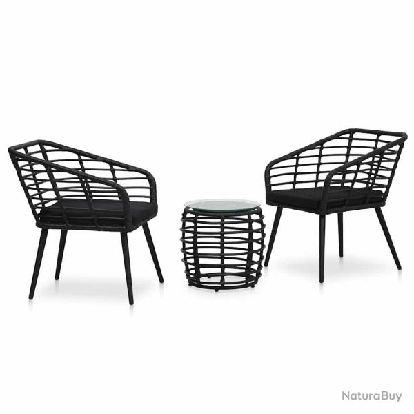 Ensemble de bistro, 3 pi�ces, en r�sine tress�e noire, pour le jardin