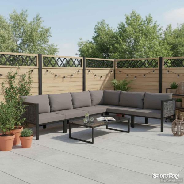 Salon de 7 pi�ces avec coussins anthracite, en r�sine tress�e