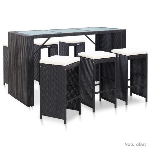 Ensemble de bar de 7 pcs avec coussins poly rotin noir