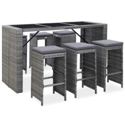Meuble de bar de 7 pcs et coussins R&eacute;sine tress&eacute;e Gris
