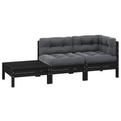 Salon de 3 pcs avec coussins Noir Bois de pin massif