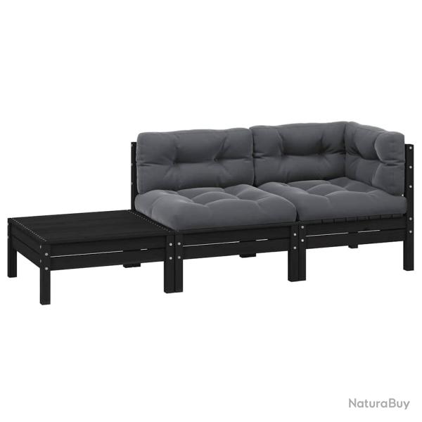 Salon de 3 pcs avec coussins Noir Bois de pin massif