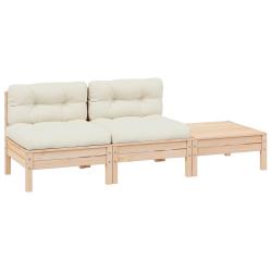 Salon de 3 pcs avec coussins cr&egrave;me Bois de pin massif