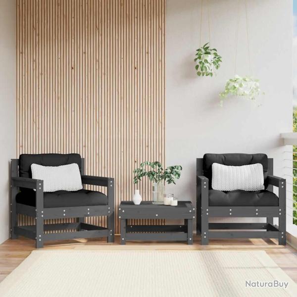 Chaises avec coussins, lot de 2, en bois de pin massif, grises