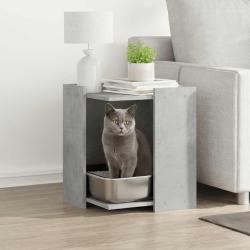 Meuble de bac &agrave; liti&egrave;re pour chat gris b&eacute;ton bois d'ing&eacute;nierie