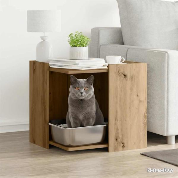Meuble de bac � liti�re pour chat ch�ne artisanal 53x53x51 cm