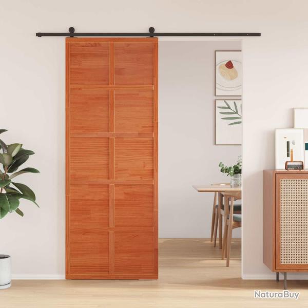 Porte de grange Brun cire 80 x 208 cm Bois de pin massif