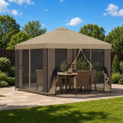 Tonnelle avec parois, polyester et acier, beige, pour la terrasse, 3 &times; 3 m