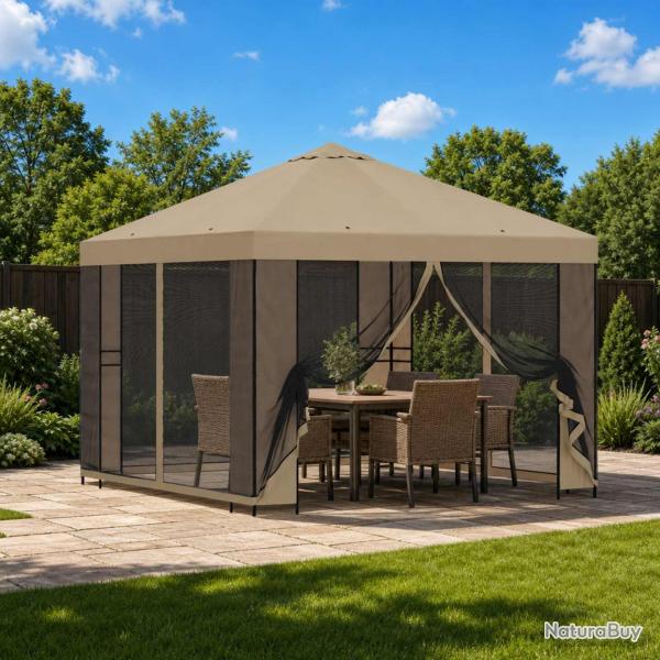 Tonnelle avec parois, polyester et acier, beige, pour la terrasse, 3 � 3 m