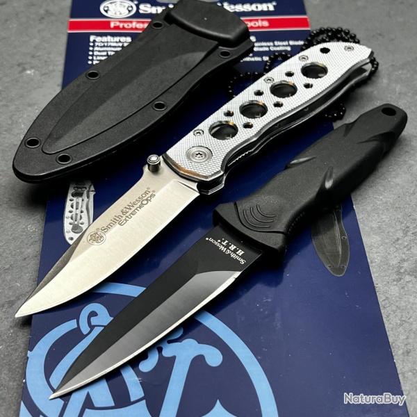 Set Couteaux Smith&Wesson Extreme Ops/HRT 1 Pliant & 1 Fixe Lame Acier 7Cr17MoV Manche TPR/Alumini