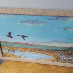 Peinture sur bois Chasseur dans le marais