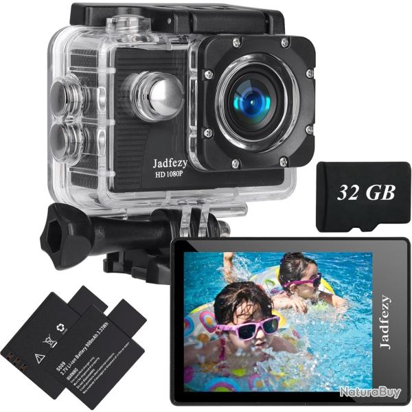 Camera Sport 1080P FHD Grand Angle Etanche 30M Carte 32GB 2 Batteries 900Mah Kit d'accessoires
