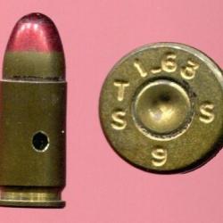 9 mm Parabellum tra&ccedil;ante militaire Fran&ccedil;aise - balle laiton pointe rouge - pour MAT 49 et MAC 50