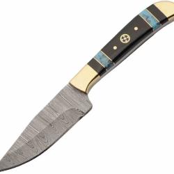 Couteau Damas Lame Clip Point Acier Damas Manche R&eacute;sine Noir Etui Cuir DM1428
