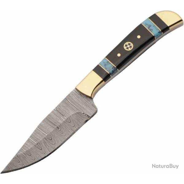 Couteau Damas Lame Clip Point Acier Damas Manche R�sine Noir Etui Cuir DM1428
