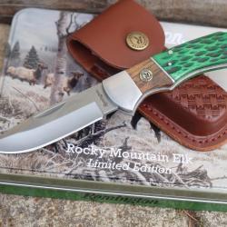 Couteau Remington Lockback Lame Acier 8Cr13MoV Manche Bois/Os Etui CUir Boite M&eacute;tal D&eacute;cor Cerf 718