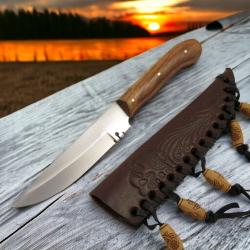 Couteau Indien Style Native Trappeur Lame Acier 1055 Carbon Manche Rosewood Housse Cuir D&eacute;cor&eacute; 294