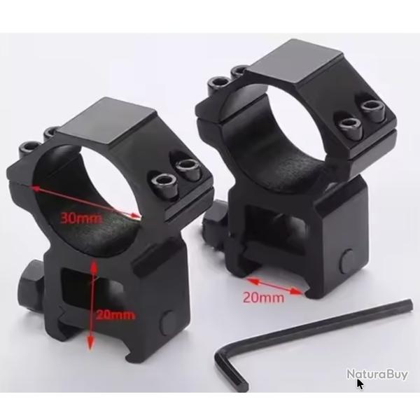 Collier montage de Lunette de Tir sur Rail de 20mm et de diametre 30mm (la paire)
