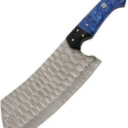 Couteau Couperet Blue Crystal Cleaver Lame Acier Damas Manche R&eacute;sine Bleu Noir &Eacute;tui Cuir DM1436